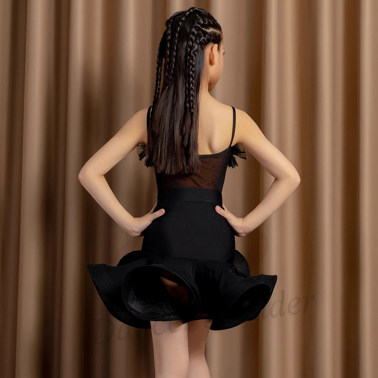 Latin Dance Dress, Black Suspender Mesh Fishbone Skirt, Precisely Tango Women's and Children's Stage Professional Clothing