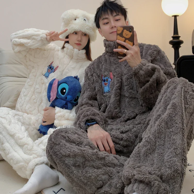 Cartoon Disney couple pajamas winter loungewear coral fleece cotton two-piece suit men\'s Stitch loungewear women\'s pajamas