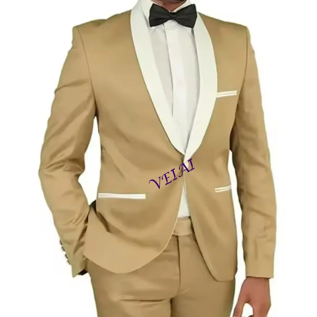 

CustomizedMen Wedding Suits for Men Champagne 2 Piece Jacket Pants One-Button Beige Shawl Lapel Slim Fit Customized Elegant Blaz