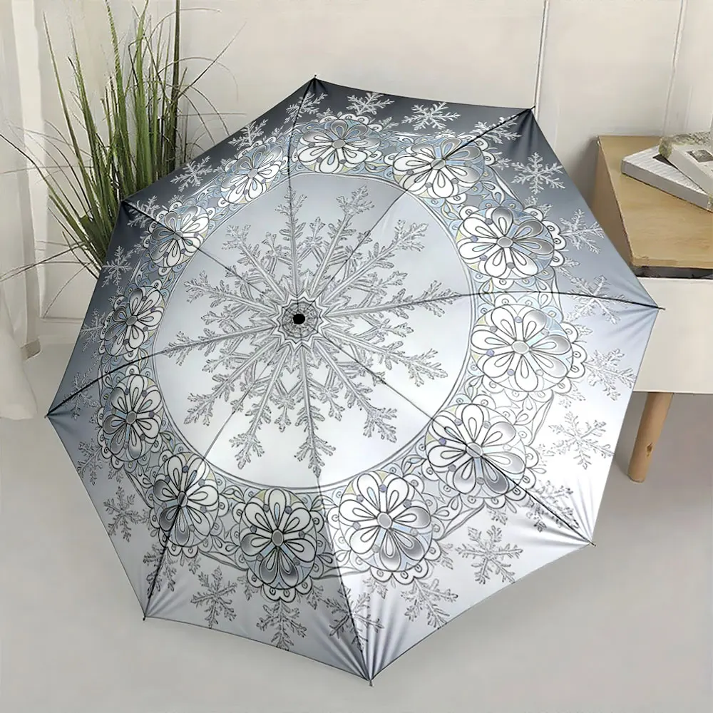 1PC Elegant Umbrella with Intricate Snowflake Patterns Print 8 Iron Ribs Folding Umbrella Auto-Open Fashion Sunshade