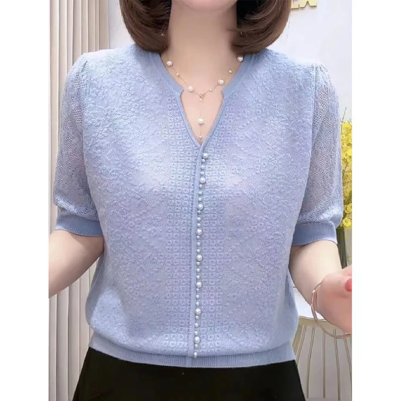 Women Fashion Jacquard Beaded Chic Short Sleeve Ice Silk Knitted T-shirt Summer Ladies Elegant V Neck Loose Solid Pullover Tops