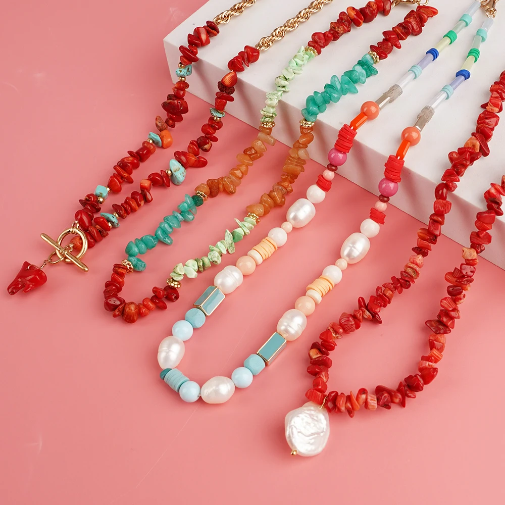 

New Colorful Irregular Natural Stone Natural Pearl Pendant Handmade Bead Necklace Women's Seaside Vacation Party Accessory