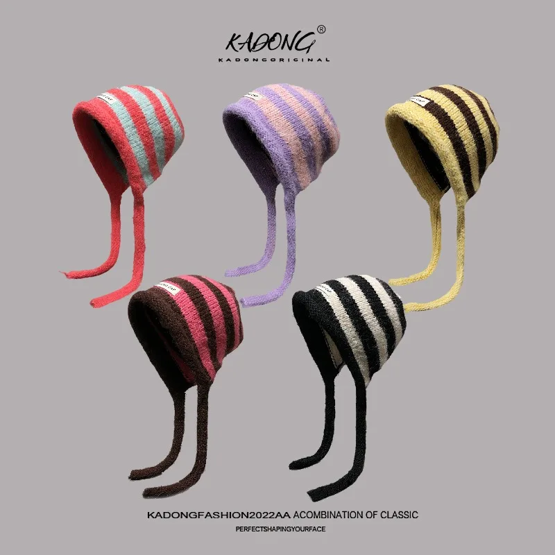 Fashion Candy Color Stripe Knitted Earflap Beanies for Women Autumn Winter Fuzzy Warm Tie String Hat Casual Outdoor Bonnet