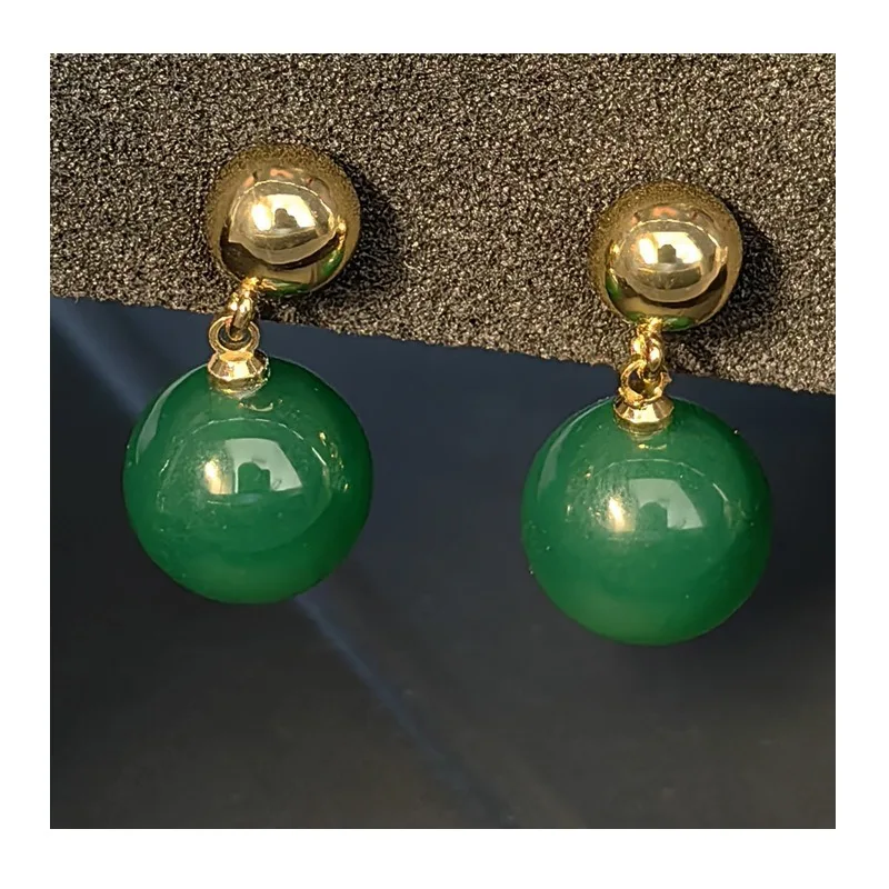 

New Chinese Stud Earrings of The Same Style, Green Agate Earrings, Needle Earrings, Gold Ball, Round Ball, Natural Women's Simpl