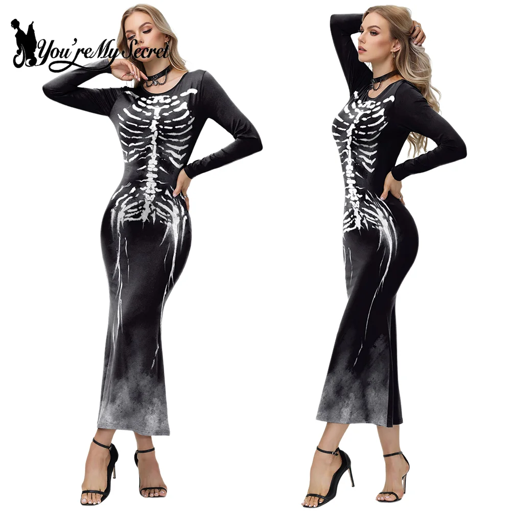 [You\'re My Secret] Halloween Gothic Skeleton Print Party Long Sleeves Bodycon Dresses For Women Vintage Dress Clubwear Vestidos