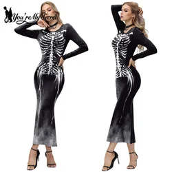[You're My Secret] Halloween Gothic Skeleton Print Party Long Sleeves Bodycon Dresses For Women Vintage Dress Clubwear Vestidos