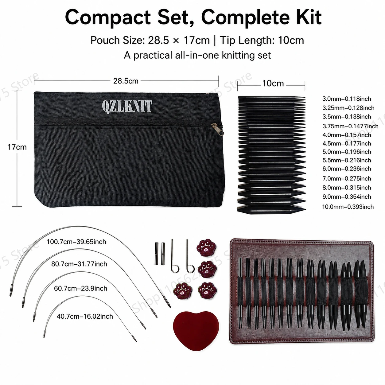 13 Pairs 3.0-10mm Black Anodized Aluminum Interchangeable Circular Knitting Needle Set 10cm Tips 4 Cords Black Canvas Carry Case