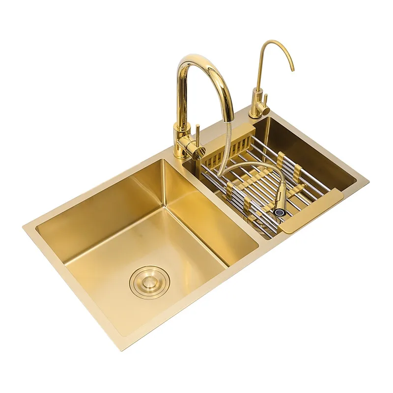 

Gold Brushed Kitchen Sink Double Bowl Stainless Steel Above Counter Sink Drain Hair Catcher Kitchen Bowl Set Steel Sink Basket