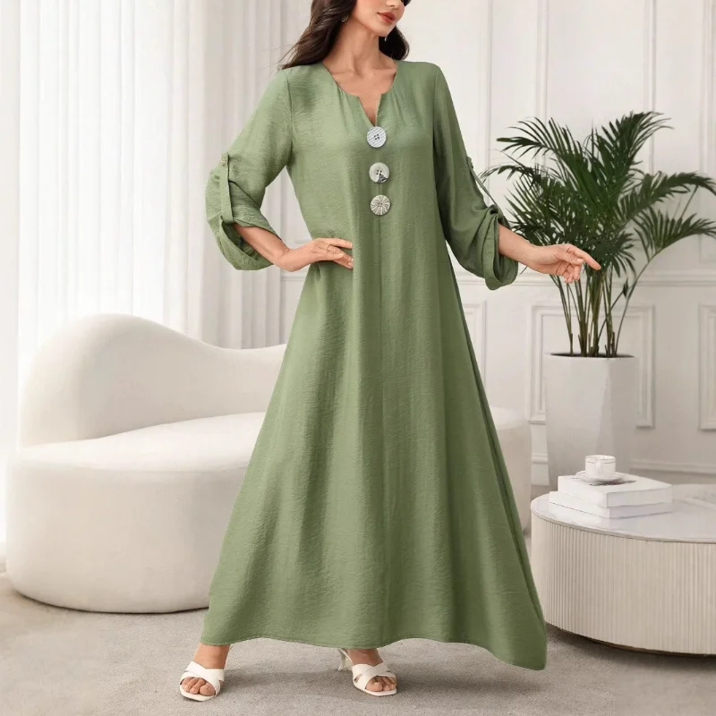 فستان نسائي كاجوال جديد فضفاض برقبة على شكل حرف V مريح بلون سادة وأكمام طويلة