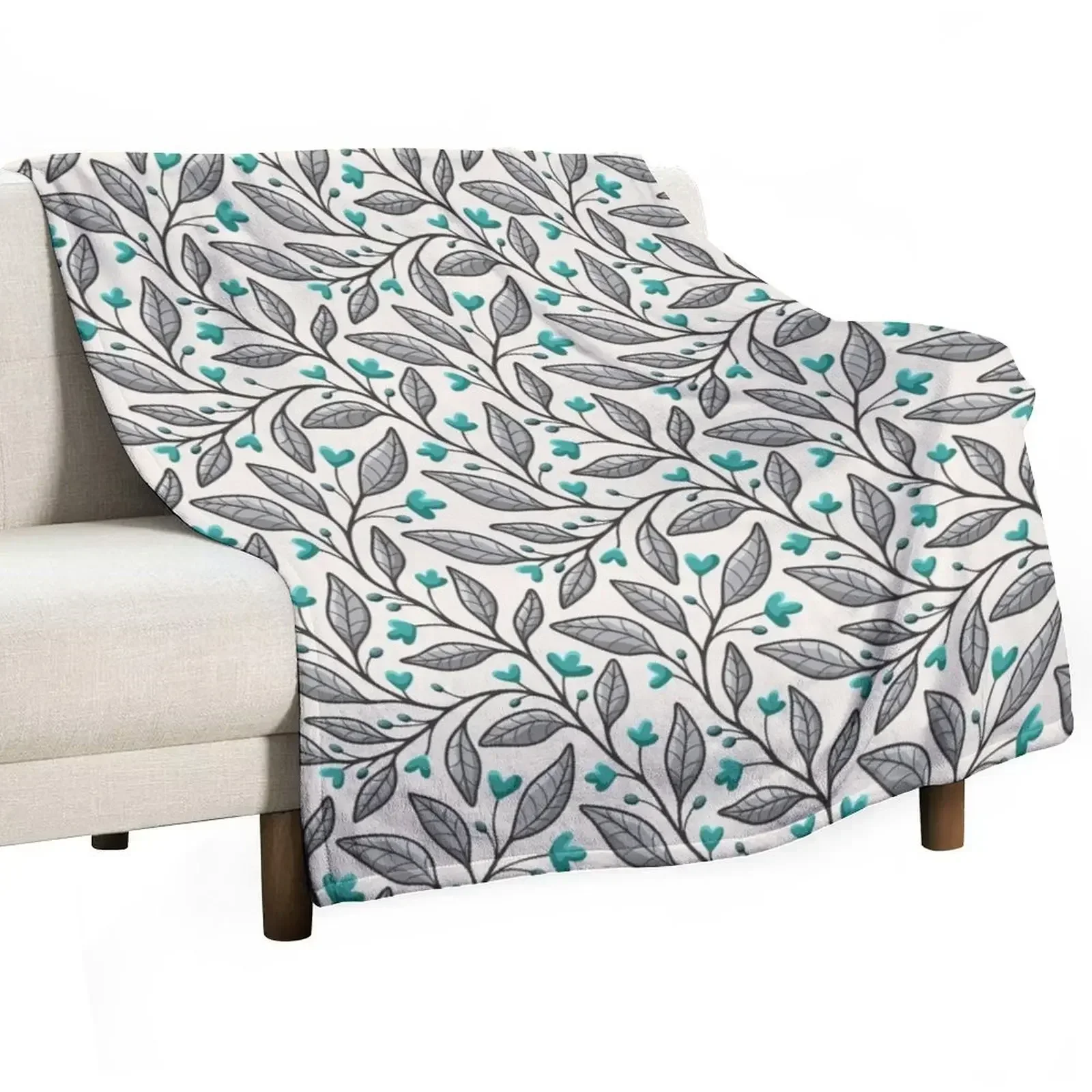 Floral vines pattern in teal, grey and blue on light background Throw Blanket Soft Single Plush Polar Blankets