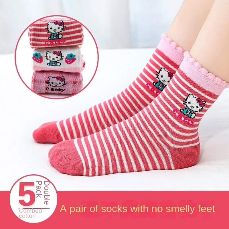 5 paia Sanrio Hello Kitty calzini per bambini calzini per ragazze in cotone Cute Children Baby Princess Sock Cartoon autunno inverno calza 3-12Y