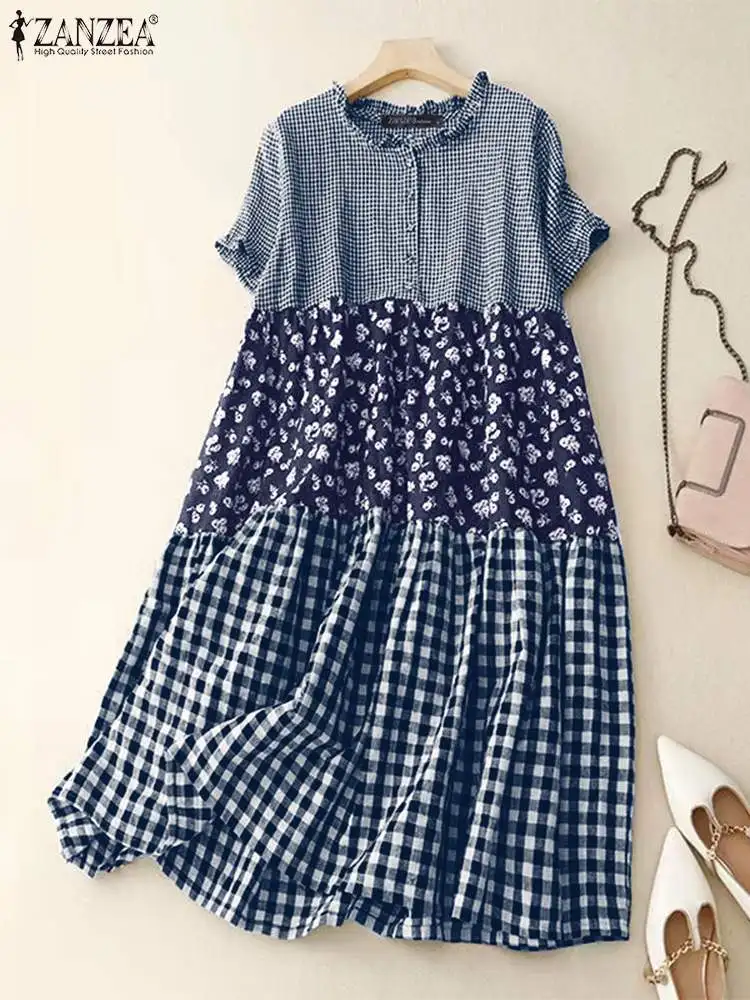 ZANZEA Fashion Sundress Women Plaid Long Dress 2024 Summer Holiday Pleating Stitching Shirt Dress Casual Loose Short Sleeve Robe