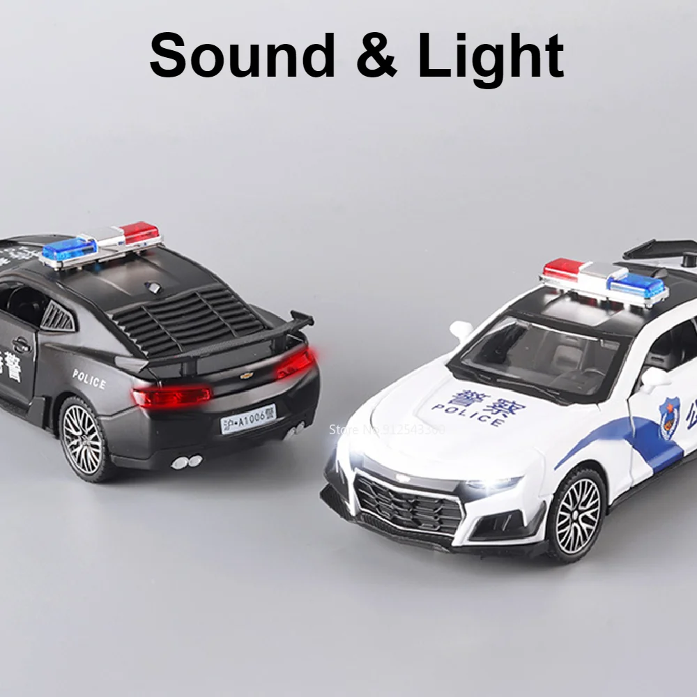 1/32 Scale Police Car Model Toy Alloy Body Pull Back Sound Light Doors Opened Sports Cars Models Ornament Collection Kids Gifts