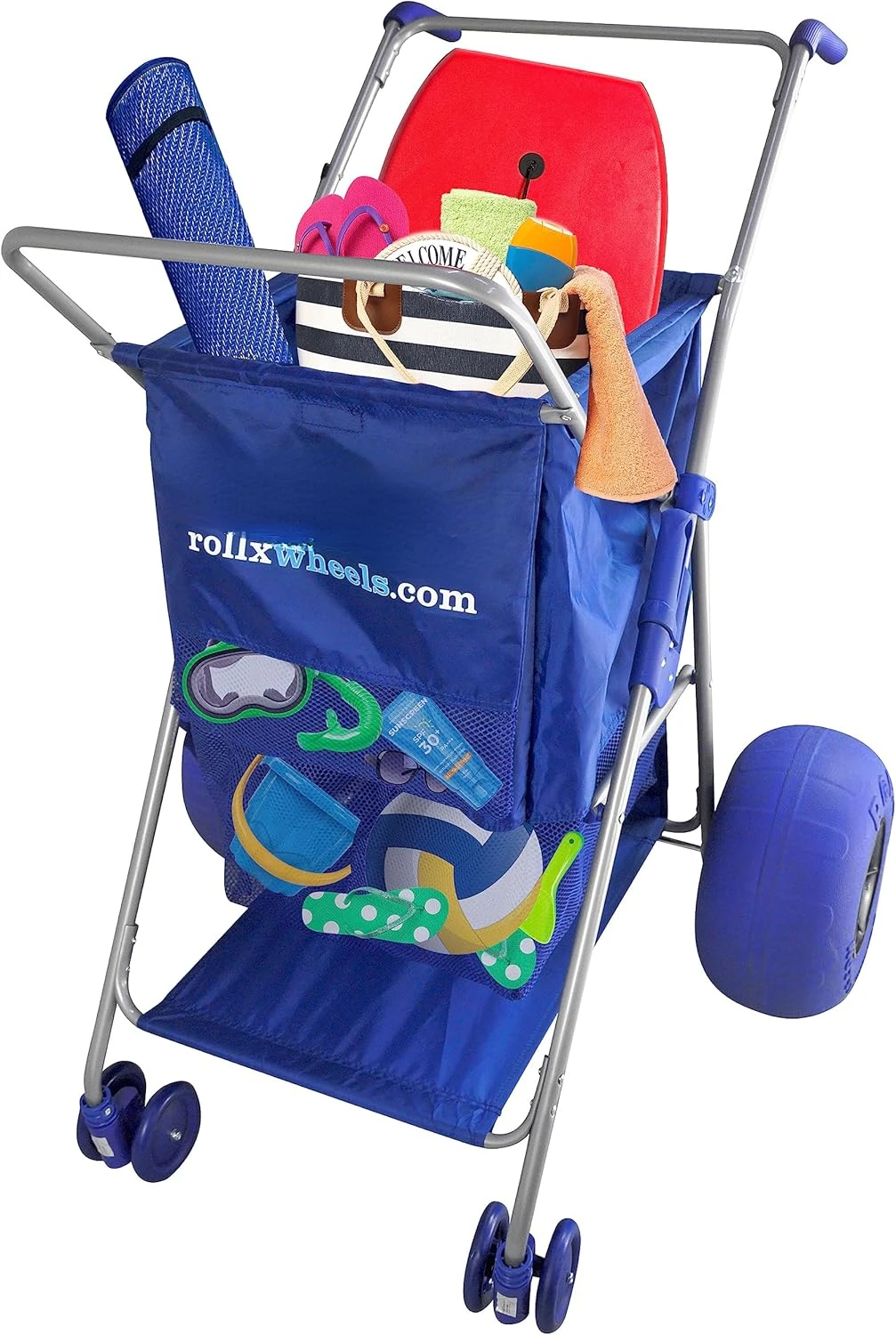 Big Balloon Wheel Beach Cart for Sand, Foldable Storage Wagon with Big 13 Inch Beach Tires (Pump Included) (Blue)