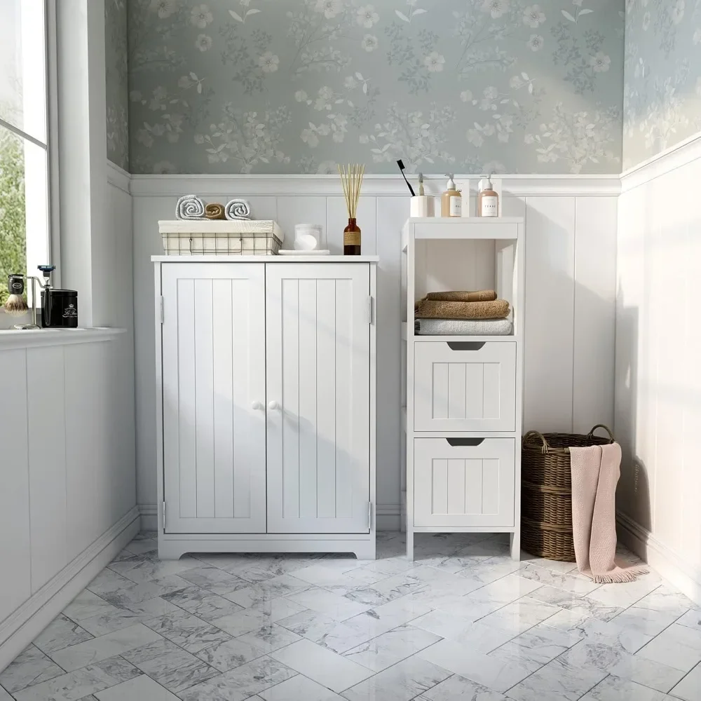 

Bathroom Floor Storage Cabinet, Freestanding Bathroom Furniture with Adjustable Shelf and 180° Open 2 Doors for Bathroom Hallway