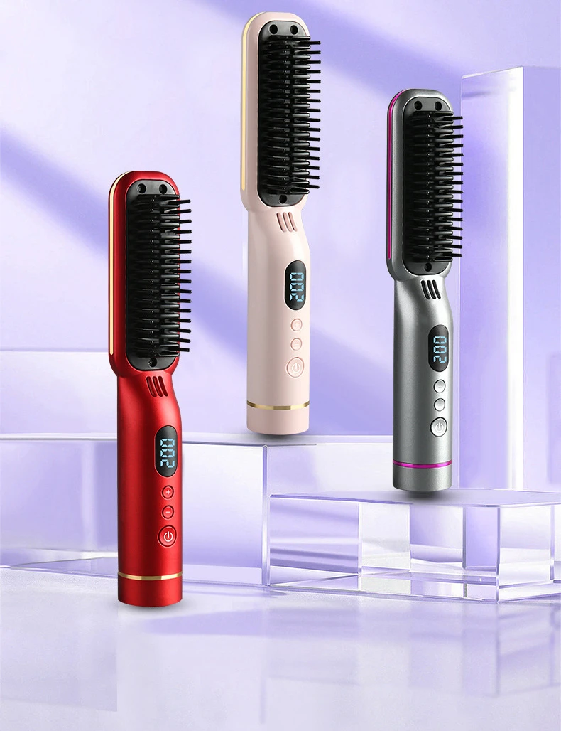 Wireless Hair Styler Negative Ion Hair Straightener Comb & Curling Comb Damage-Free Voluminous LED Screen Rechargeable Hot Comb