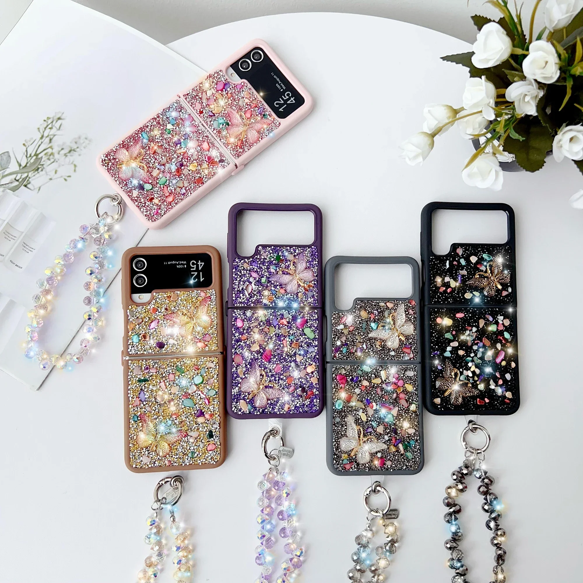 

Роскошный женский блестящий чехол для телефона Samsung Galaxy Z Flip 7 fe 6 5 4 3 Flip7 Flip6 5G с милым блестящим кристаллом и камнем на запястье