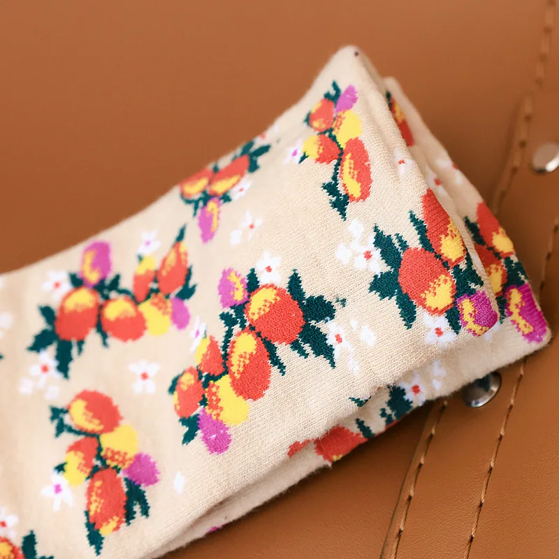 5 Pairs Autumn Winter Fruit Floral Patent Women Socks Girl Middle Tube Cotton Socks Stacking Socks