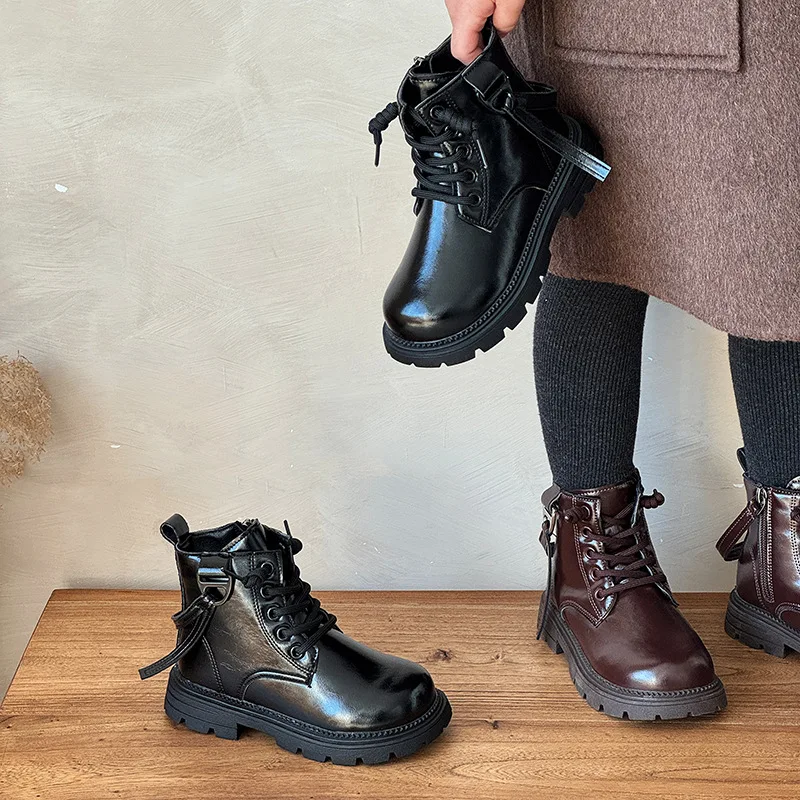 الفتيات البريطانية أحذية بوت قصيرة جديد الشتاء الخريف الأطفال أسود براون بولي Leather الجلود الكاحل الأحذية حجم 26-36