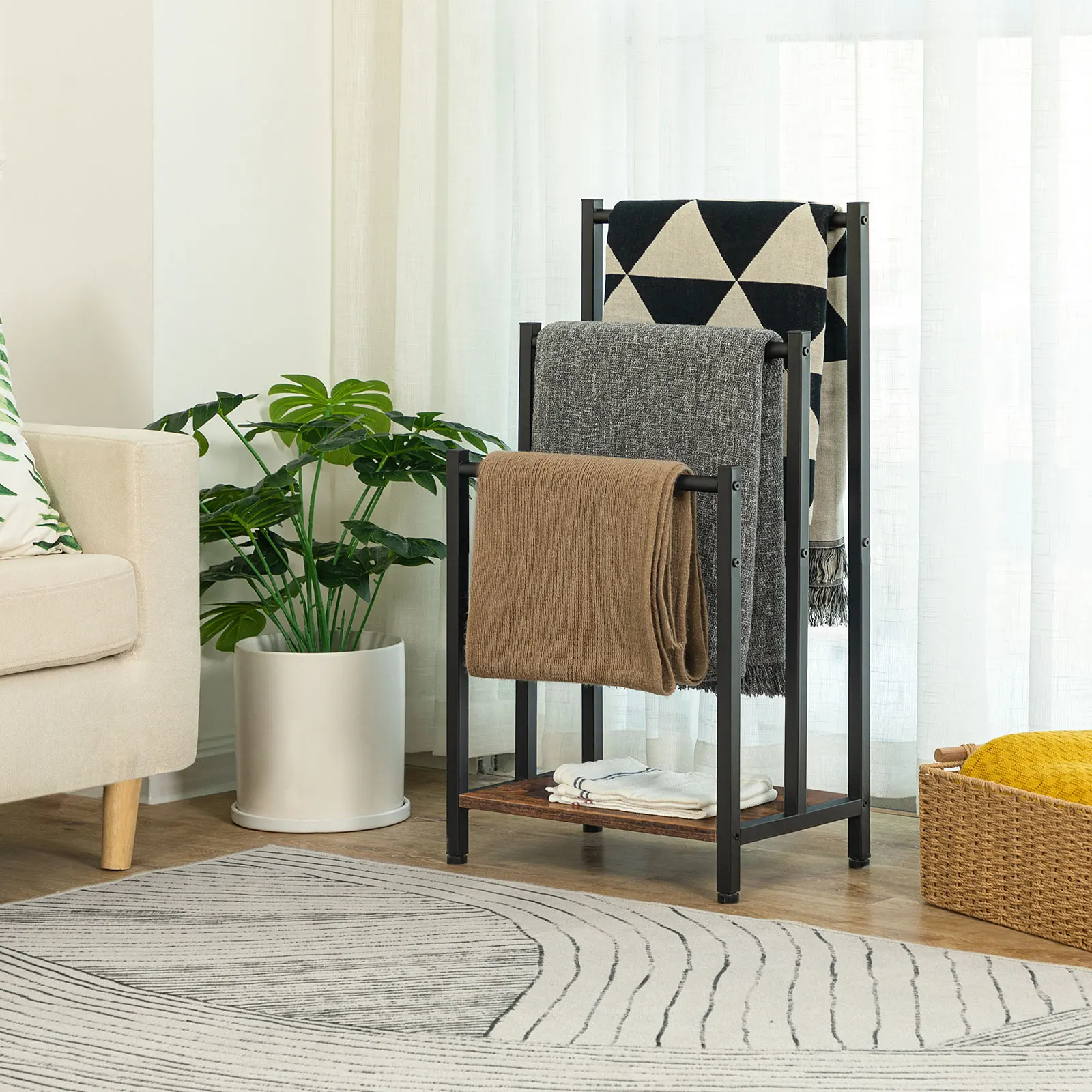 حامل مناشف HOOBRO، حامل مناشف قائم بذاته لحامل تجفيف الحمام مع 3 قضبان مناشف ورف تخزين بني #2