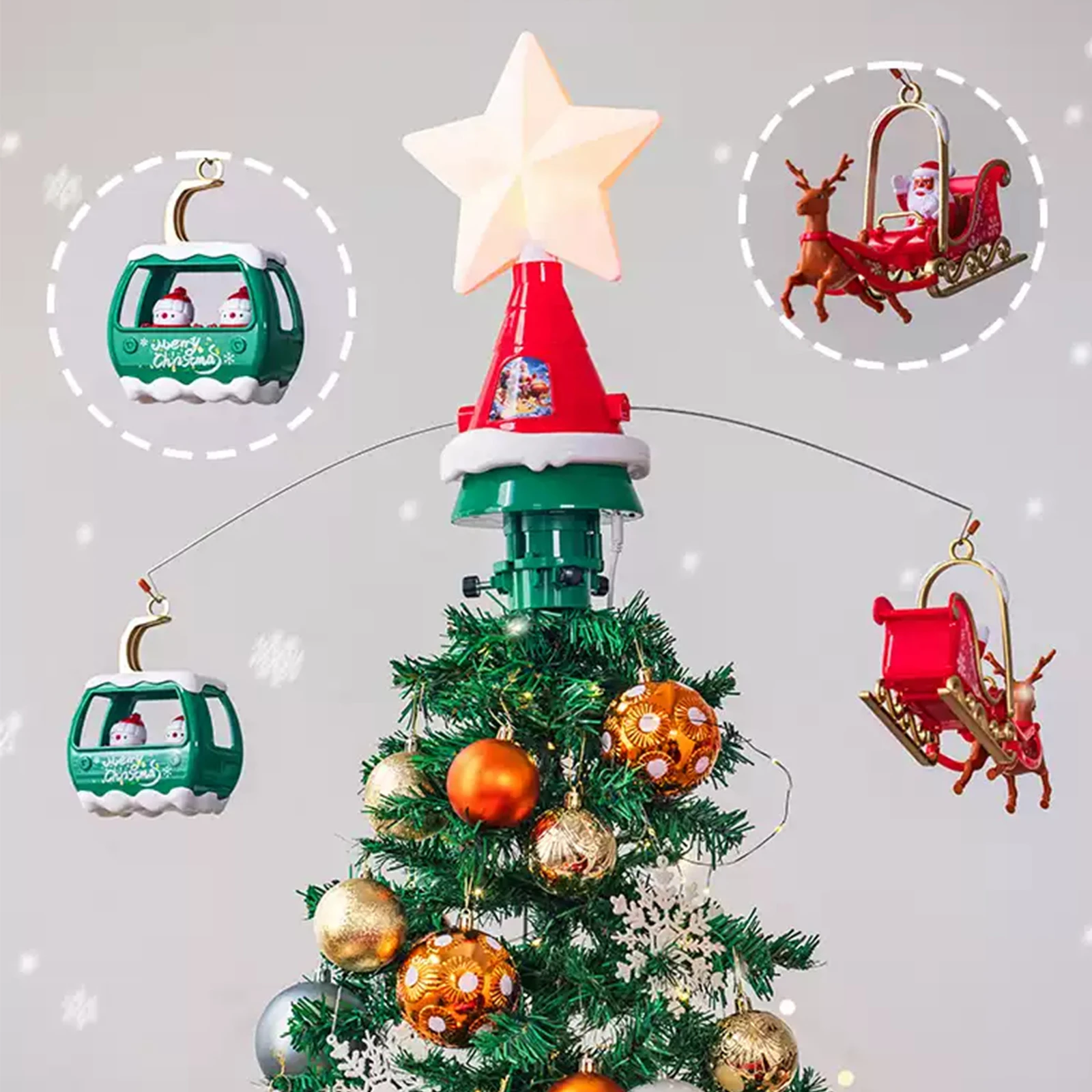 

Electric Rotation Christmas Tree Topper decor, Musical Light Up Xmas Tree Star, With Santa Reindeer Sleigh Snowman Decoration