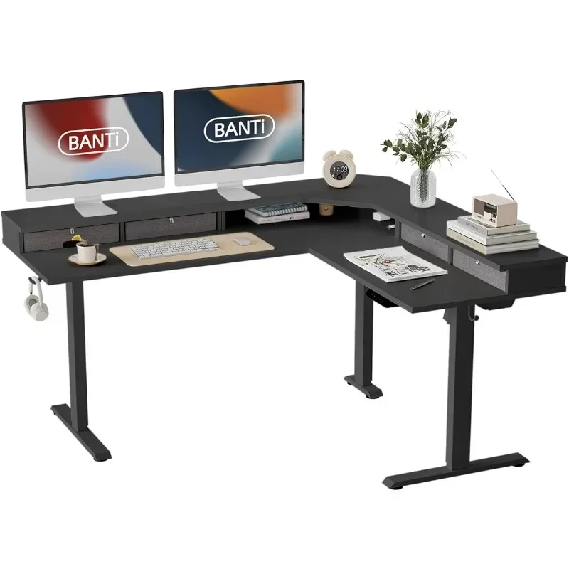 

BANTI 63" L-Shaped Electric Standing Desk,Height Adjustable Stand up Desk with 3 Drawer,Corner Stand up Desk, Black Top