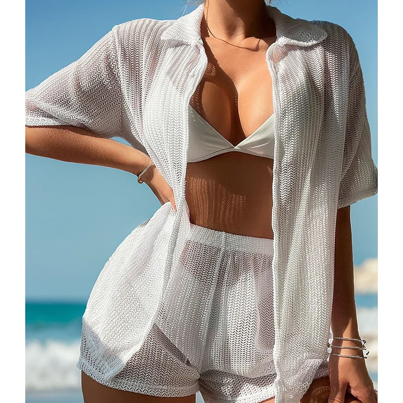 Solid Color Hollow Out Quick-Dry Two-Piece Boxer Shorts Set Bikini Beach Cover-Up for Women