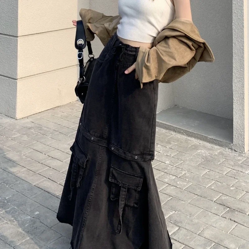 สาวร้อนกระโปรงเอวสูงการออกแบบความรู้สึกอุตสาหกรรมหนัก DENIM ชุดทํางานฤดูใบไม้ผลิและฤดูใบไม้ร่วง Street ชุดสตรี