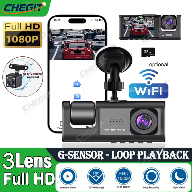 1080p gravador de vídeo wifi carro dvr 2 lente frente câmera visão traseira visão noturna acessórios do carro 3 câmera traço cam para câmera do carro