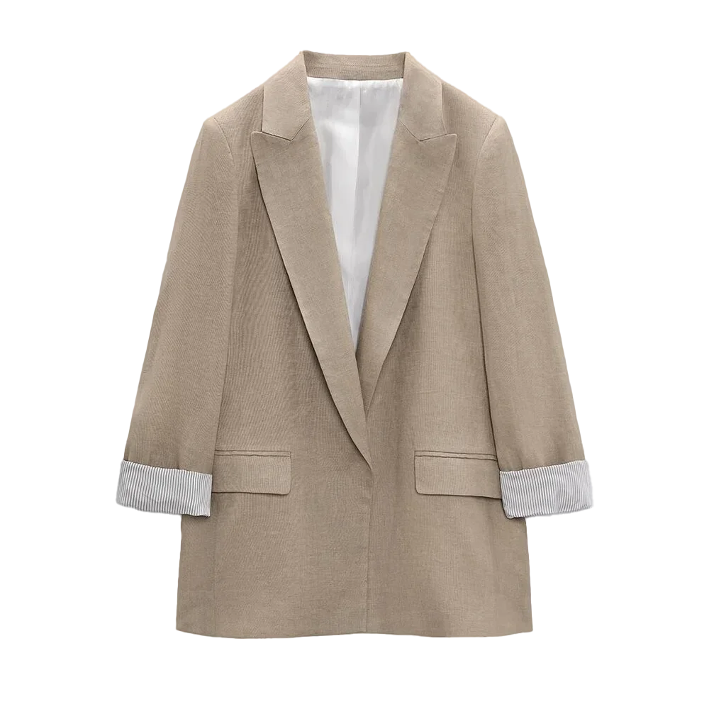 Primavera autunno donna moda stampa polsino Blazer in lino cappotto Vintage manica lunga Welt tasche capispalla femminile Chic