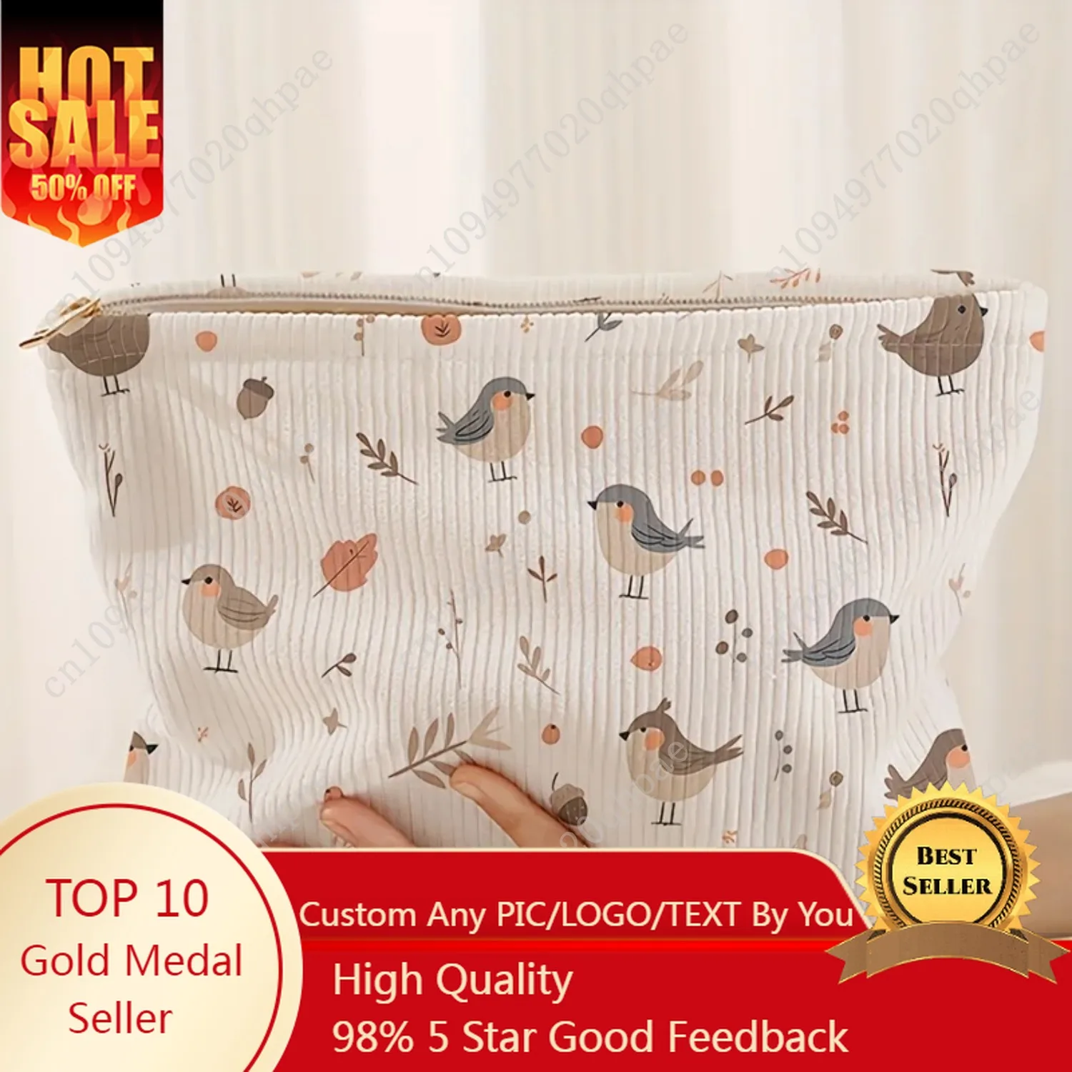 

1 bird patterned corduroy makeup bag, lightweight zipper makeup storage box, multifunctional bag with lining