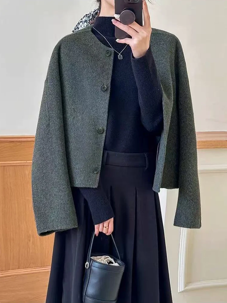 여성용 인조 울 코트 한국 스타일 우아한 루즈 싱글 브레스티드 크롭 재킷 봄 럭셔리 오피스 레이디 올 매치 블렌디드 아우터웨어