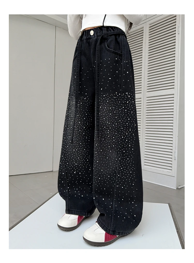 Kinder Mädchen Herbst Schwarze Jeans mit Kristallen, Teenager Kinder Strass Lose Weite Denim-Hosen, Modische Gebogene Messerhosen – Detail 8