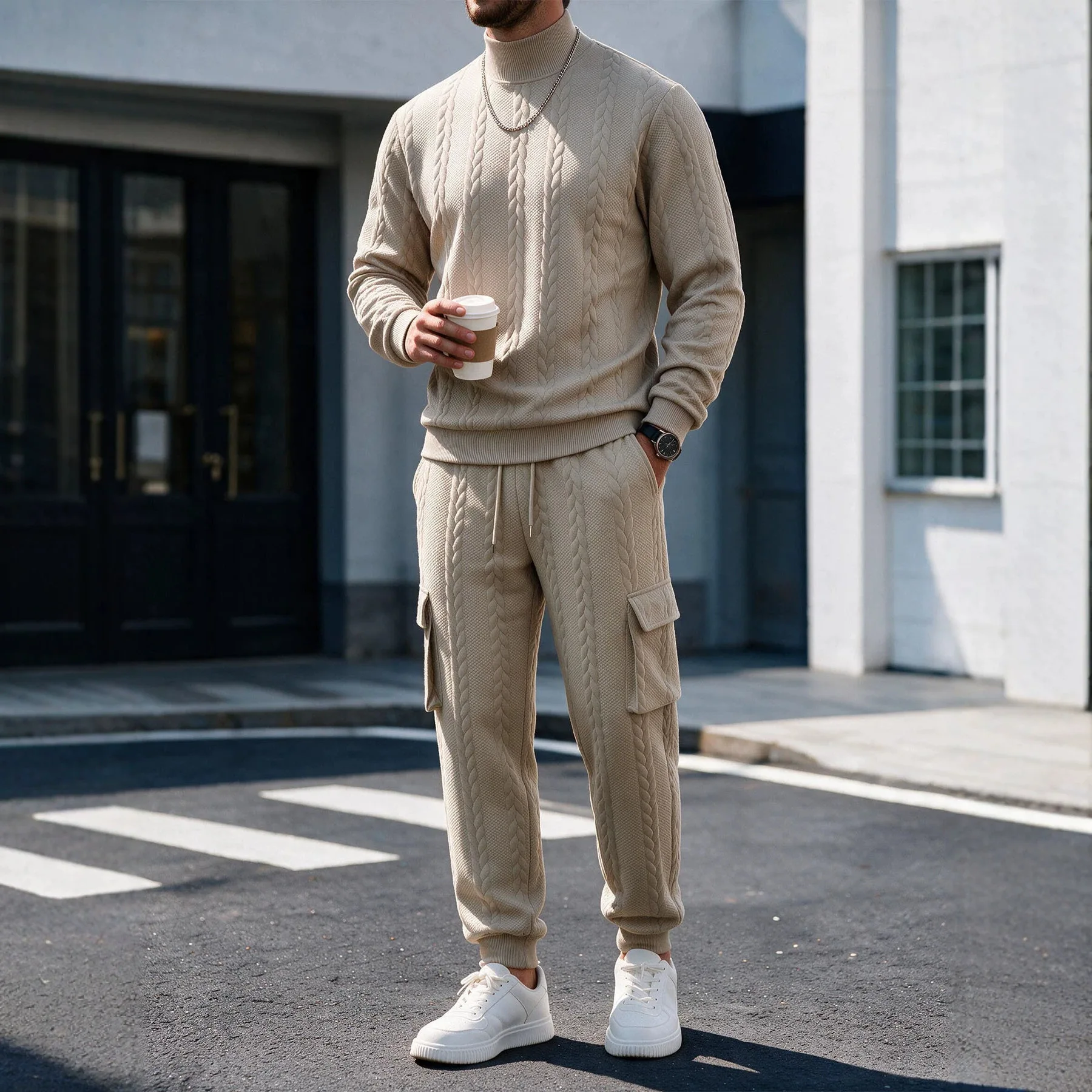 Men's Heavyweight Casual Tracksuit Set Textured High Neck Outfit for Autumn Winter Commuting and Outdoor Wear