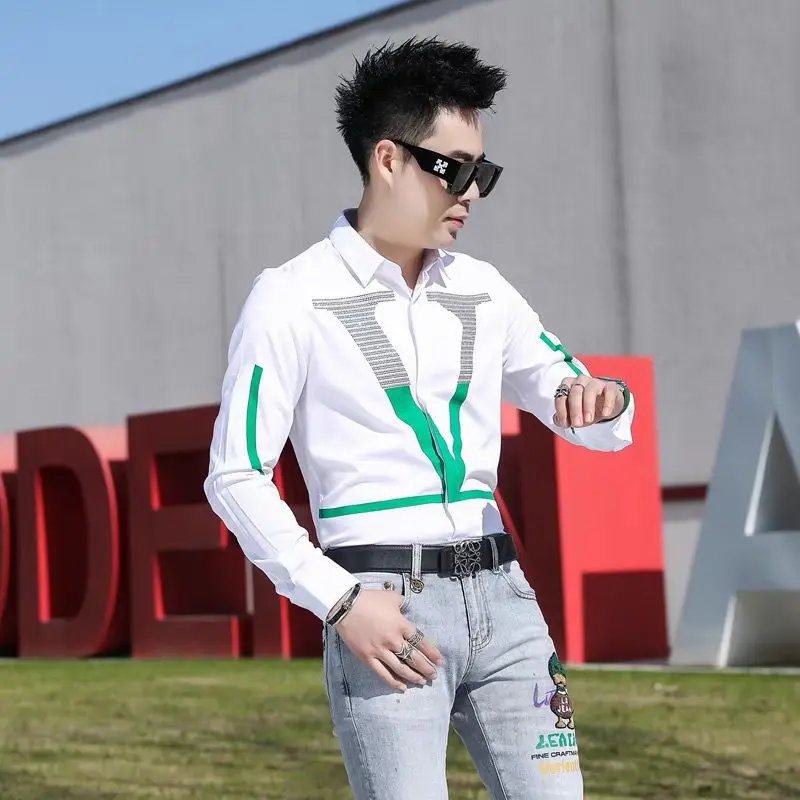 Men's Clothing Spring and Autumn high quality Trendy Letter Printed Shirt Trendy Brand Hot Drilling Long Sleeve Shirts blouses