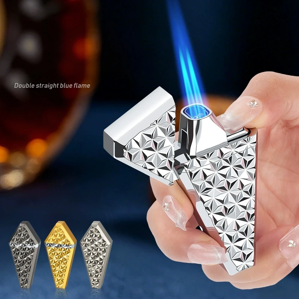 Diamond diamond pattern double straight jet lighter, windproof double-sided precision carved visible air chamber cigar lighter