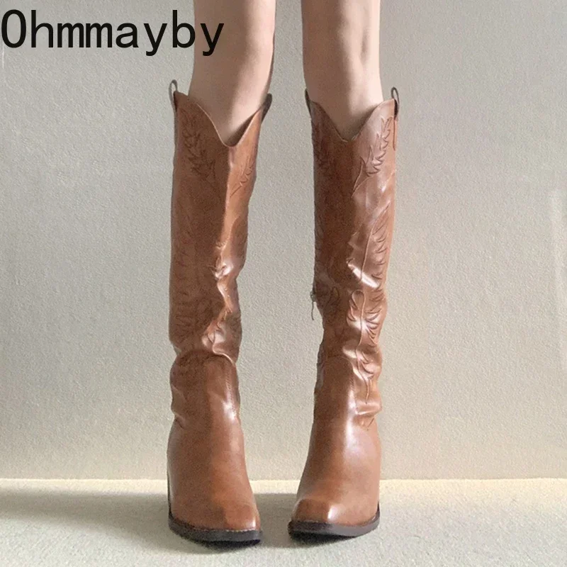 Vintage V mouth Women Western Knee-High Boots Fashion Side Zippers Shoes Autumn Winter Thick Heel Ladies Knight Long Booties