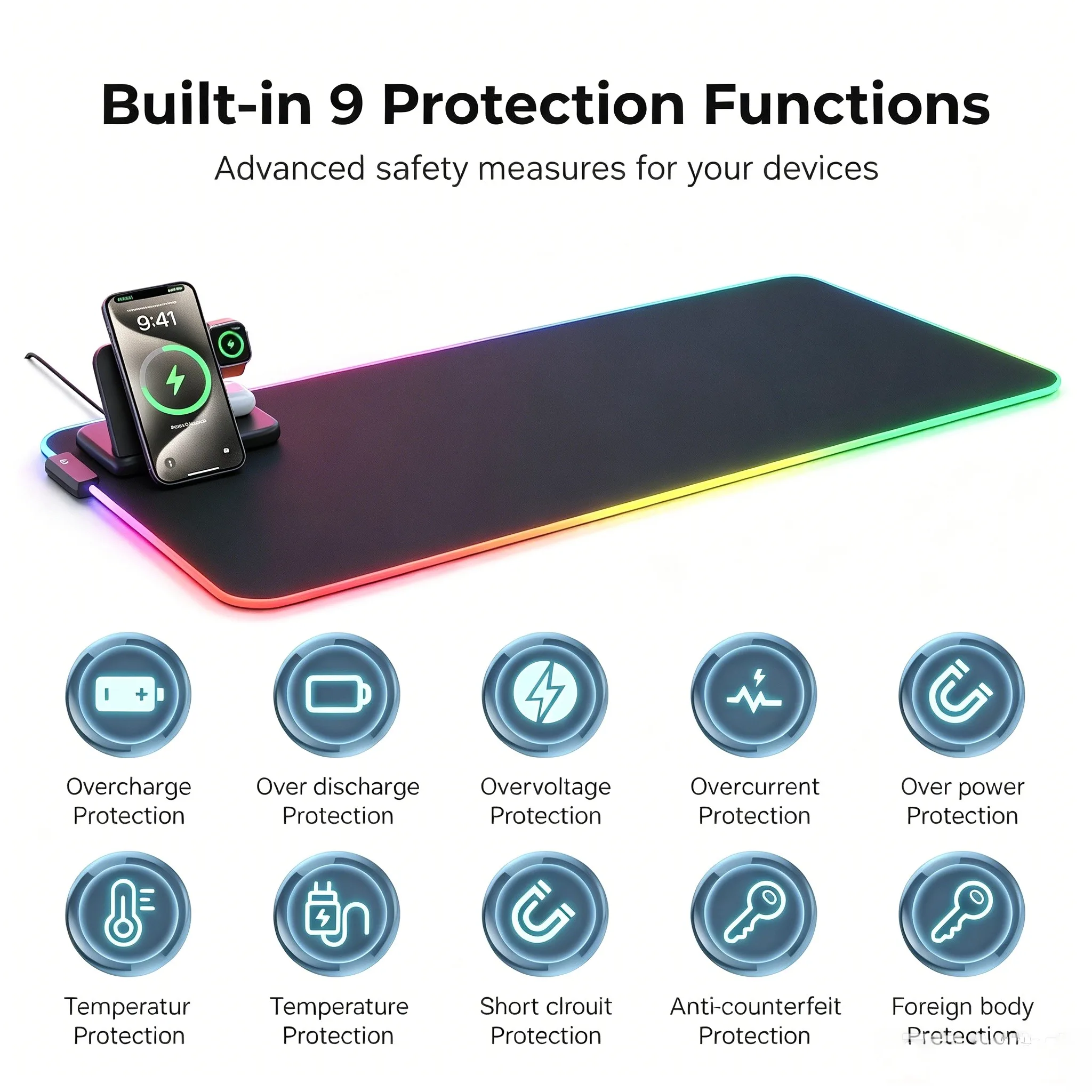 RGB Wireless Charging Gaming Mouse Pad 3 in 1 15W Magnetic Fast Charger Station Desk Mat for iPhone Samsung Apple Watch