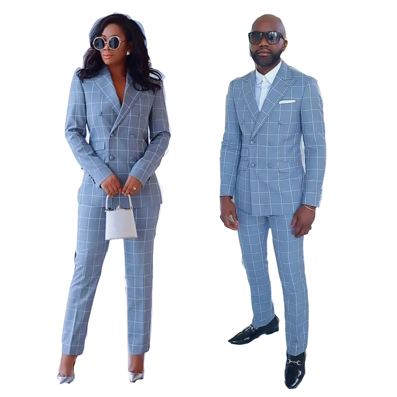 Blue Suits for Couple Plaid Pattern Double Breasted Peaked Lapel Costume Tailor Elegant Clothing Hombres 2 Piece (Jacket+Pants)