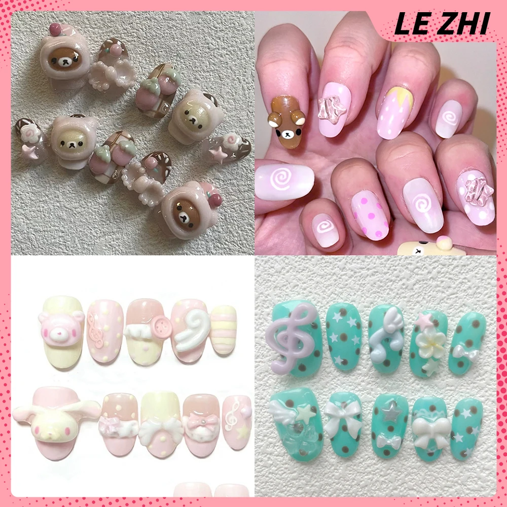 

Sweet Cute Cartoon Rilakkuma Cat Rabbit Handmade Press On Nails Kawaii Bowknot Wings Strawberry Pearl Diamond Full Cover Nails