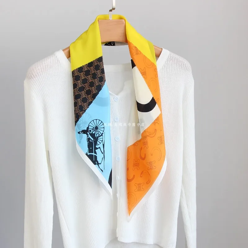 Cream Base Color Block Horse Carriage Silk Bandana 100% Pure Silk Trendy Equestrian Scarf All Season Unisex Hair Neck Accessory