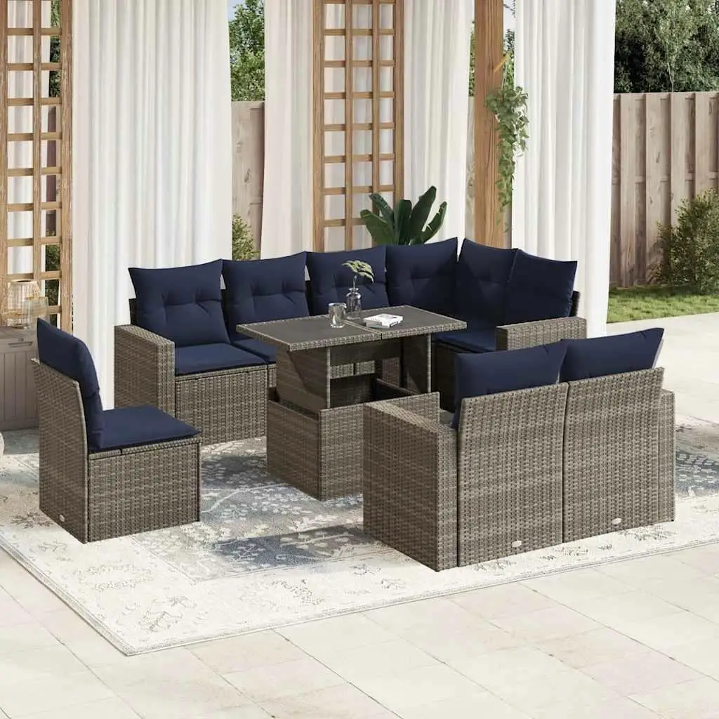 

Stylish 9 Piece Patio Sofa Set with Cushions Outdoor Furniture Gray Poly Rattan for Garden Balcony and Patio Relaxation