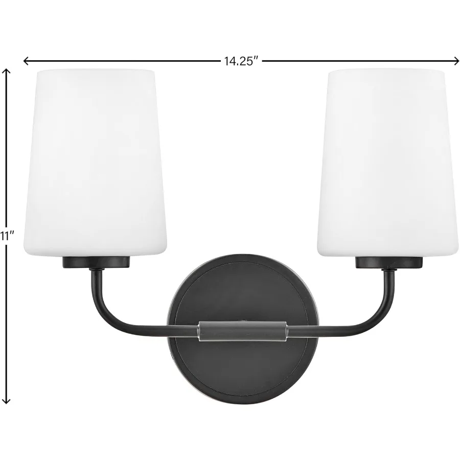 Lark Kline 853452BK Two-Light Bath Vanity Fixture - Sleek, Tapered Etched Opal Glass Shades, Mount Up or Down