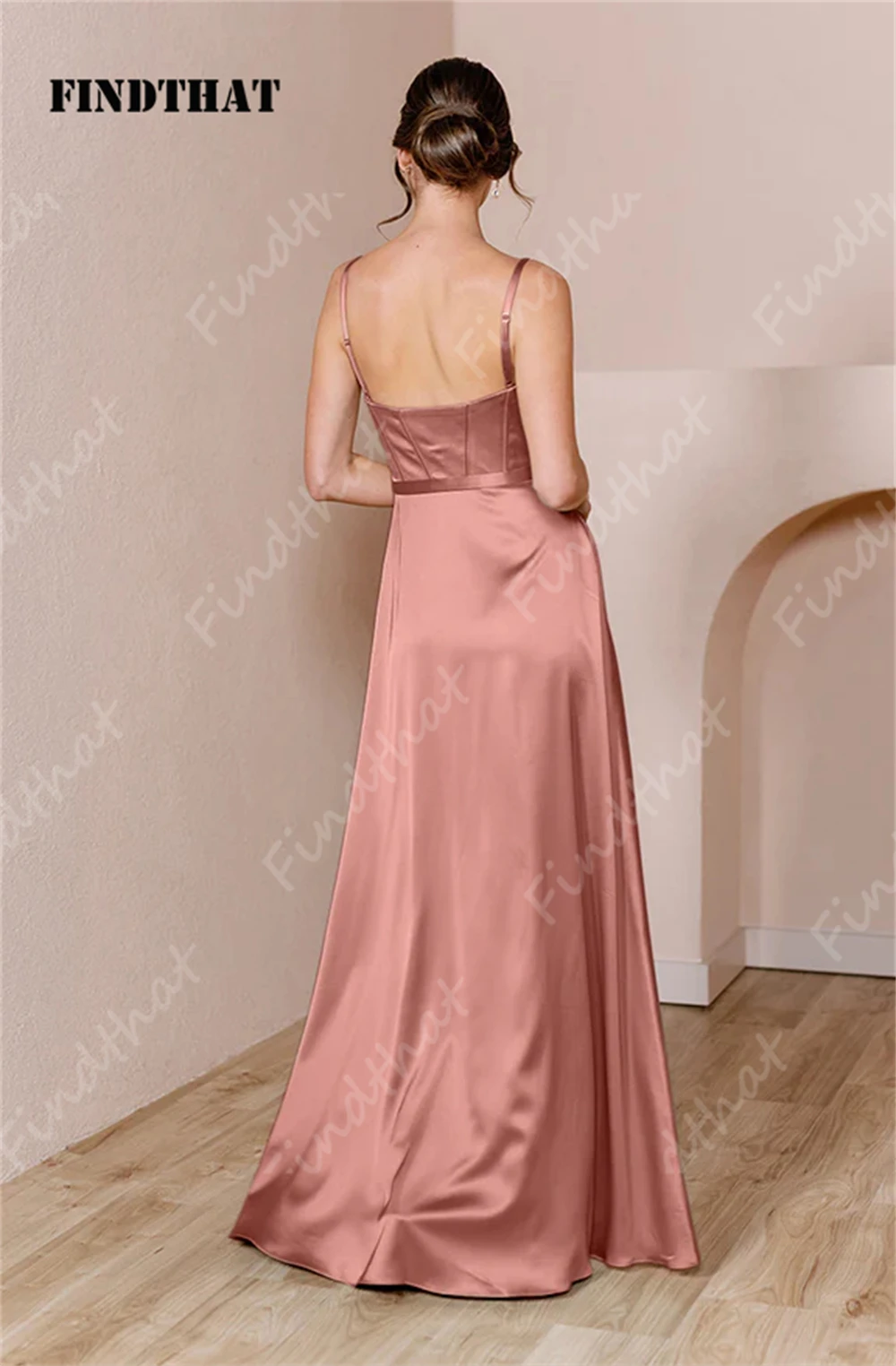 Findthat Elegant Square Collar Bone Satin Bridesmaid Dress 2024 Spaghetti-Strap A-Line Evening Party Gown with Slit Floor Length