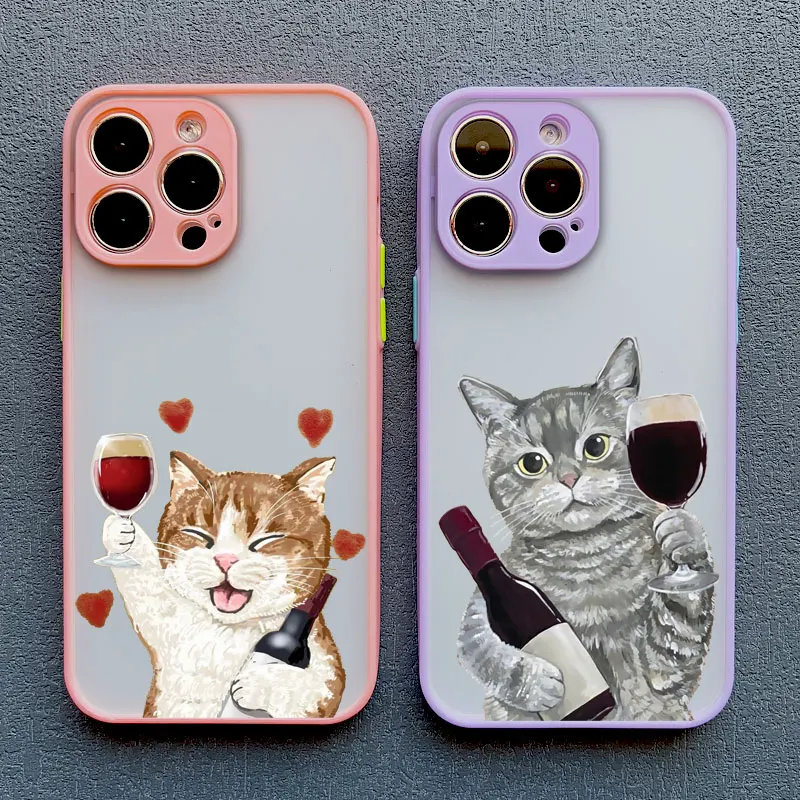 Cute Happy Cat Goblet Red Wine Phone Case For iPhone 15 14 13 Pro Max 16 13 12 11 Pro Max Mini 7 8 15 14 Plus X XS XR Back Cover