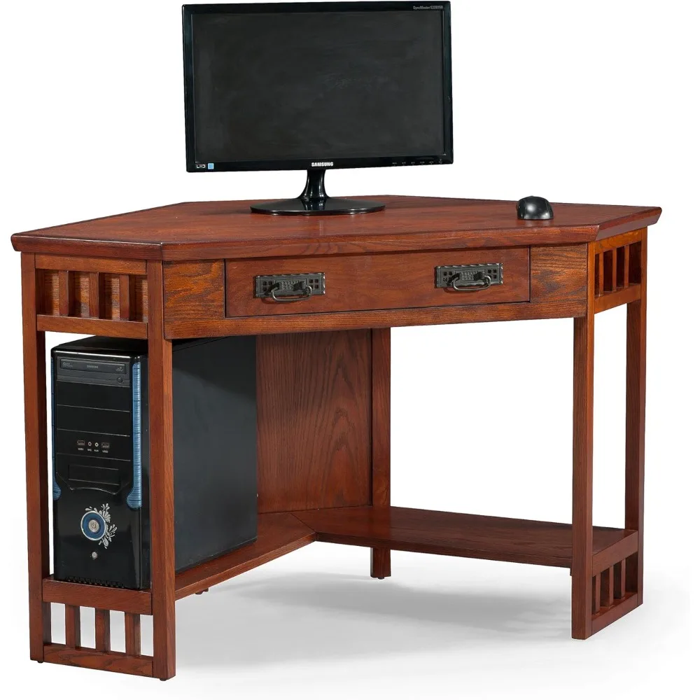 82430 Mission Corner Desk, Writing Computer Desk with Drop Front Keyboard Drawer, for Home Office, Solid Wood, Mission Oak