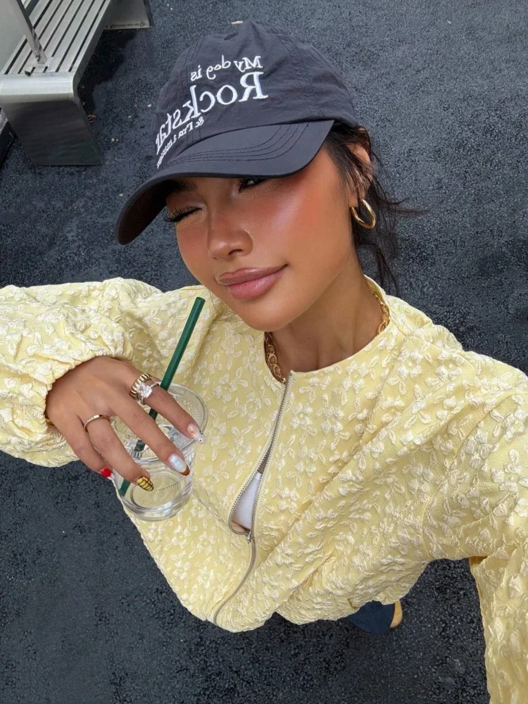 

Round Neck Zipper Yellow Jacquard Jacket Women Fashion Full Sleeve Loose Cropped Coat Lady Casual High Street Daily Outerwear