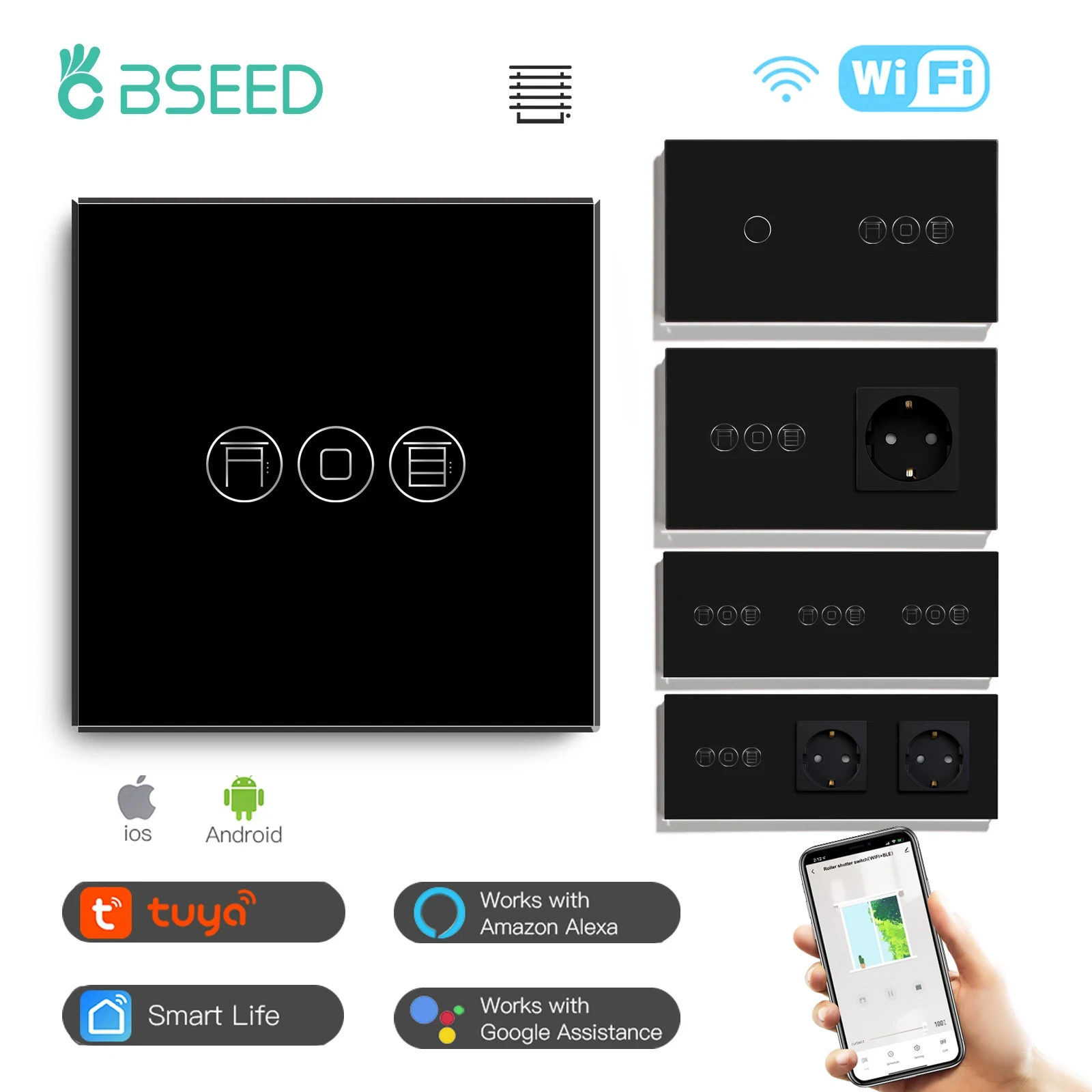 BSEED Wifi Roller Shutter Swith Smart Touch Blinds Switches With Light Switch EU Socket USB Outlets Support Tuya Smart Life 