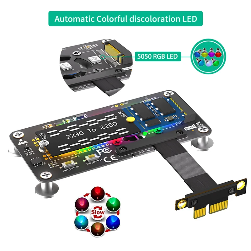 Kabel ekstensi kartu Riser M.2 NVME m-key ke PCI Express 3.0 X1 dengan kipas pendingin RGB, bantalan magnetik LED untuk 2230-2280 NVME SSD 5CM