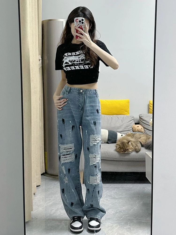 

KING BRAND Spring Autumn High Waist Straight Leg Denim Jeans Splaed Ink Waed Wide Leg Pants Loose Fit Women's Jeans